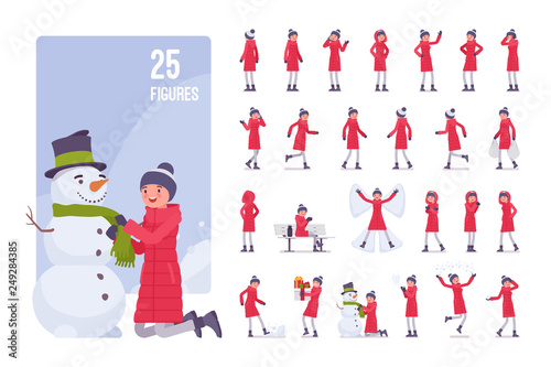 Young woman in a red down jacket, wearing winter warm clothes, classic snow boots and a hat, cold season and outdoor activity character set. Full length, different views, gestures, emotions and poses