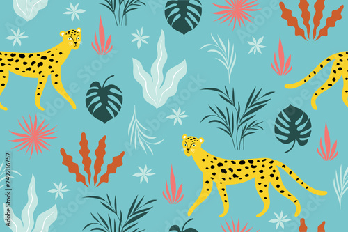 Seamless pattern with leopards on blue background  vector illustration