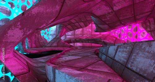 Abstract  Concrete Futuristic Sci-Fi interior With Pink And Blue Glowing Neon Tubes . 3D illustration and rendering.