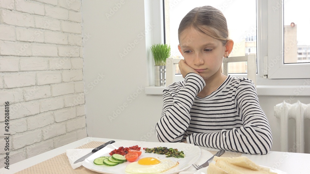 Sick Child Couldn't Eat Breakfast in Kitchen, Looking Food Meal, No Appetite Sick Child Couldn't Eat Breakfast in Kitchen, Looking Food Meal, No Appetite