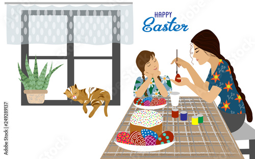 Mom and daughter at the table paints Easter eggs. Vector horizontal illustration isolated on a white background