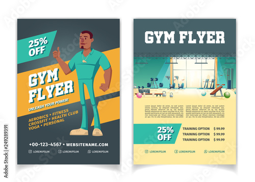 Sport club, fitness center, bodybuilding gym cartoon vector price off, discounts advertising flyer pages template. Modern gym interior with fitness equipment and couch shoving thumbs up illustration