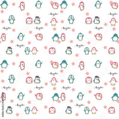 seamless pattern cute pink and blue green penguins