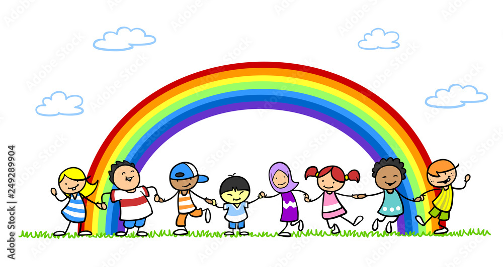 Multikulturelle Gruppe Kinder unter Regenbogen
