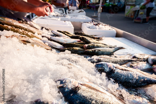 Salesman is preparing fresh fish on ice for selling at outdoor fish flea market
