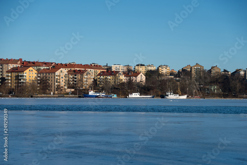 Winter view at the lake Malaren in Stockholm, an early sunny spring day