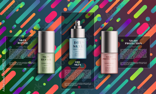 Realistic beauty products with colorful background, vector illustration