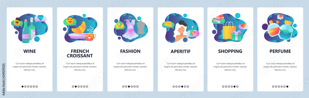 Web site onboarding screens. Vacation in Paris, France. French breakfast, shopping, fashion and wine. Menu vector banner template for website and mobile app development. illustration.
