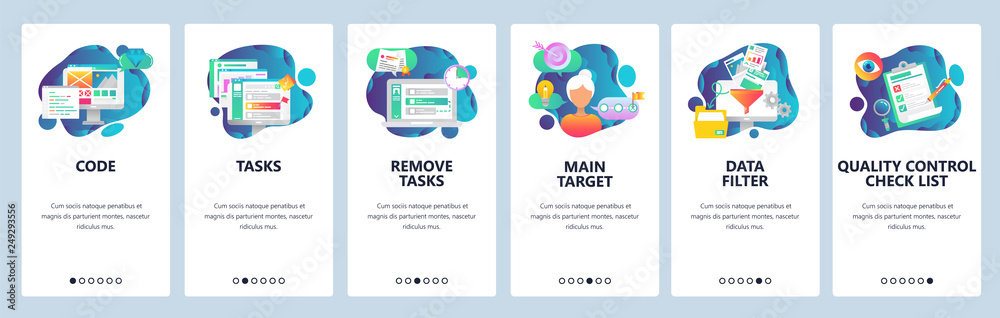 Web site onboarding screens. Task management, quality control and data filtering. Menu vector banner template for website and mobile app development. Modern design flat illustration.