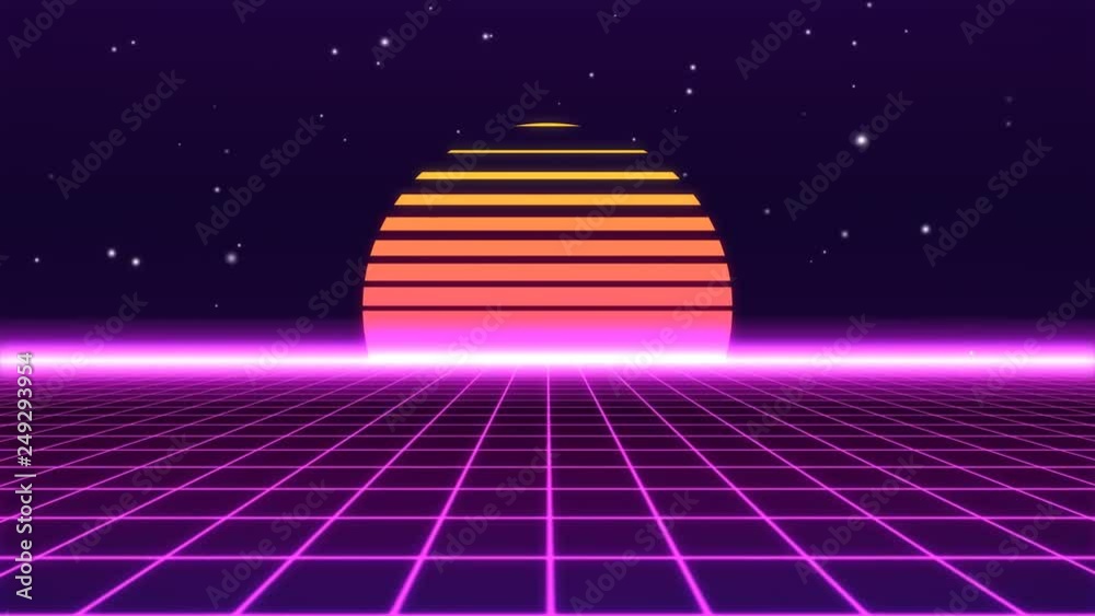 Set of 3 Retro 80s Background Animation Loops Featuring Neon Grid and Abstract Sunset. 3 Versions Using Different Color Schemes.