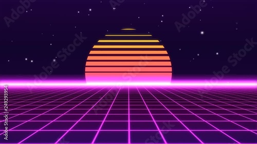 Set of 3 Retro 80s Background Animation Loops Featuring Neon Grid and Abstract Sunset. 3 Versions Using Different Color Schemes.