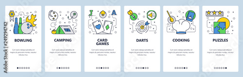 Web site onboarding screens. Leisure time, hobby and sport games icons. Menu vector banner template for website and mobile app development. Modern design flat illustration.