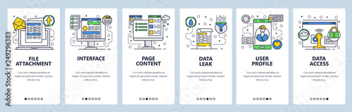 Web site onboarding screens. Data management, interface and user profile. Website woreframe and content. Menu vector banner template for website and mobile app development. design flat illustration.
