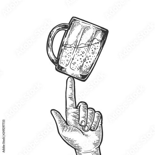 Beer glass cup spinning on finger engraving vector illustration. Scratch board style imitation. Black and white hand drawn image.