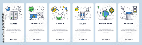 Web site onboarding screens. School education subjects. Math, science, language, history. Menu vector banner template for website and mobile app development. Modern design flat illustration.