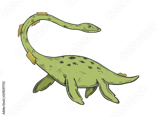 Loch Ness Monster color sketch engraving vector illustration. Scratch board style imitation. Black and white hand drawn image.