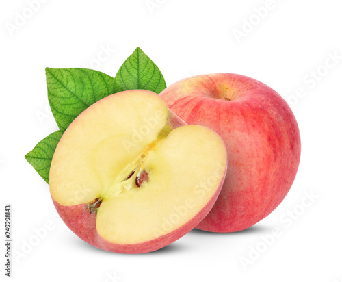 Red apple with green leves on white background