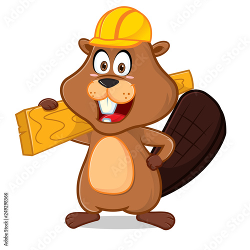 Beaver wearing helmet carrying wood plank