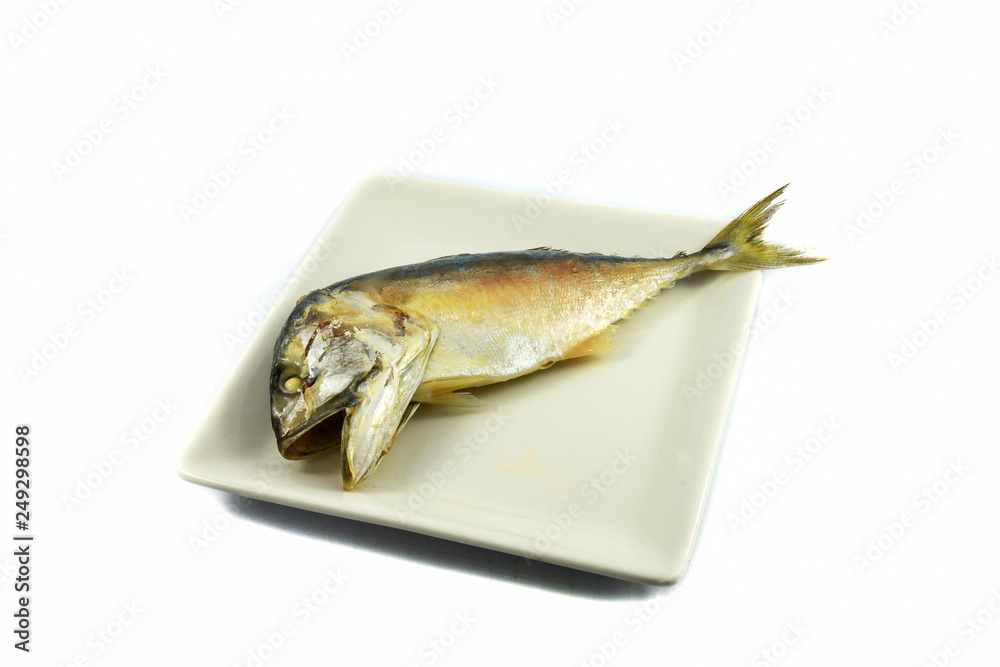 Steamed Mackerel fish on plate isolated on white background