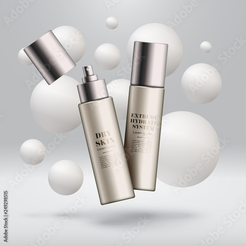 Realistic beauty products with colorful background, vector illustration