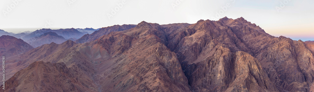 Egypt. Mount Sinai in the morning at sunrise. (Mount Horeb, Gabal Musa, Moses Mount). Pilgrimage place and famous touristic destination.