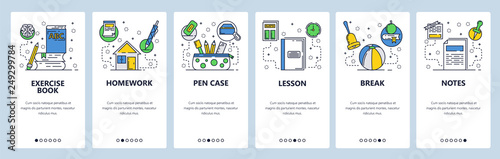 Web site onboarding screens. School education accessories. Homework and exercise book. Menu vector banner template for website and mobile app development. Modern design flat illustration.