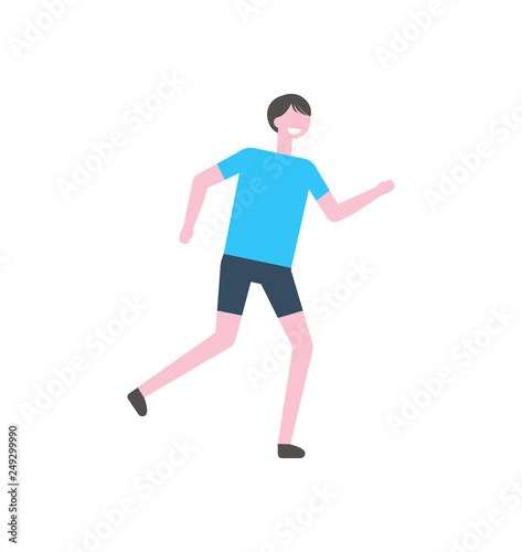 Sportsman in blue t-shirt and black trousers, vector athletic man isolated cartoon character. Runner in sport suit, jogging person in uniform, flat design