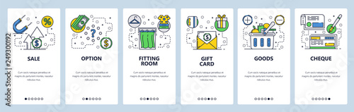 Web site onboarding screens. Shopping, sales and grocery store. Money payment and banking. Menu vector banner template for website and mobile app development. Modern design flat illustration.