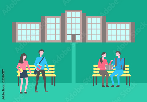 Students with books at university campus on bench vector. Girl and guy studying subjects outdoors in friends company, education and knowledge, textbooks