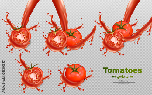 Tomatoes splash isolated Vector realistic. Detailed 3d illustration template for label, icon, product placements