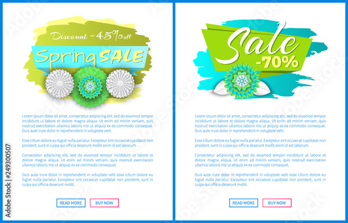 Spring sale forty five percent off, total discounts till 70 , vector web posters set with blooming flowers on promo labels. Template of online page or site