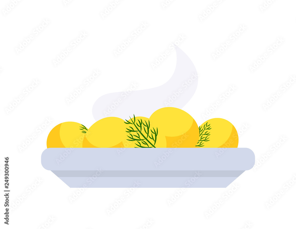 Warm potatoes on plate, holiday dish in flat style isolated on white. Yellow boiled food with parsley vector icon. Traditional cooked meal with greens Warm potatoes on plate, holiday dish in flat style isolated on white. Yellow boiled food with parsley vector icon. Traditional cooked meal with greens