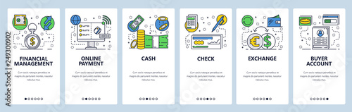 Web site onboarding screens. Online payments, financial management and banking. Menu vector banner template for website and mobile app development. Modern design flat illustration.