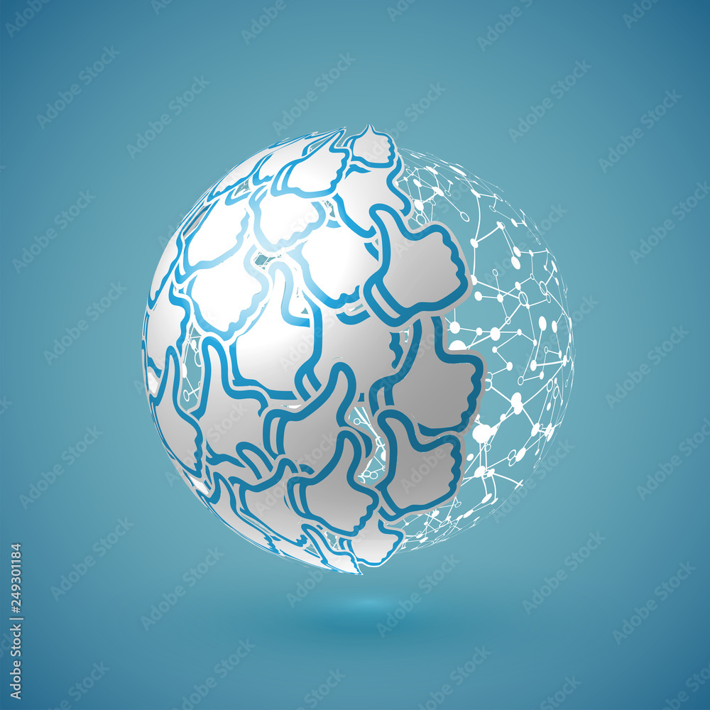 Blue realistic shaded 'thumbs up' globe with connections, vector illustration Blue realistic shaded 'thumbs up' globe with connections, vector illustration