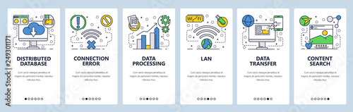 Web site onboarding screens. Online services, distributed database, cloud storage, wireless networks and data transfer. Menu vector template for website and mobile app development. illustration.