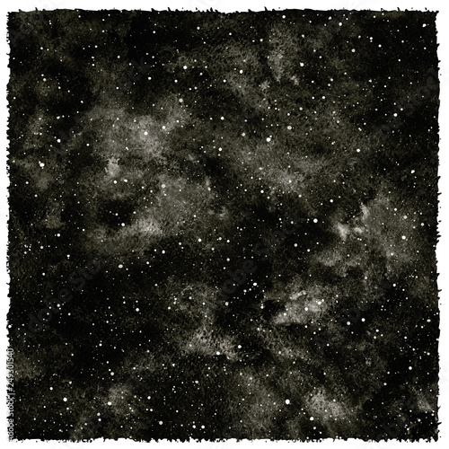 Black and white hand drawn watercolor night sky with stars. Monochrome watercolour cosmic, cosmos background, galaxy, universe. Rough, artistic edges. Aquarelle square texture, frame.