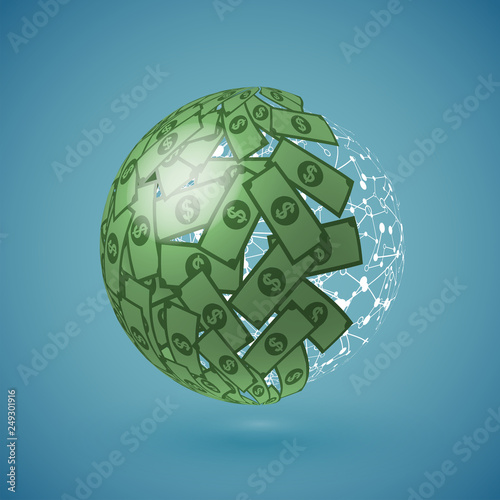 Green globe made of money, vector illustration