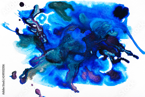 Fototapeta Naklejka Na Ścianę i Meble -  top view of purple and blue watercolor spills on white paper