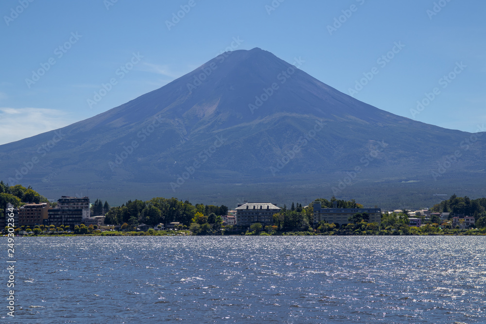 Mount Fuji view across Kawaguchiko lake in the summer