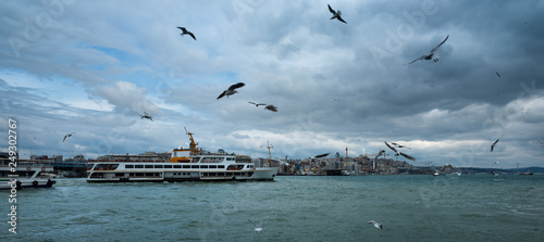 Winter in Istanbul  passenger ferries and view from Eminonu district  Turkey 