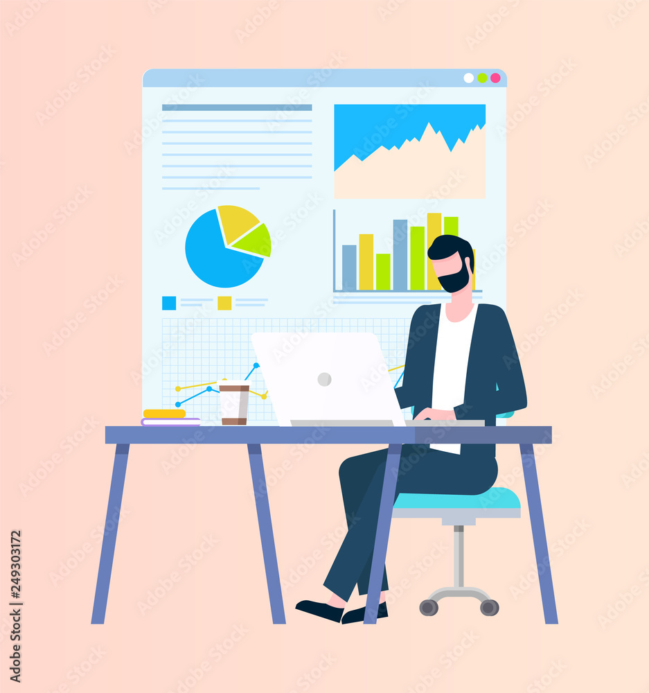 Sitting man at table on armchair with laptop, showing diagrams on board. Worker with beard and suit near monitor. Modern tech and equipment vector Sitting man at table on armchair with laptop, showing diagrams on board. Worker with beard and suit near monitor. Modern tech and equipment vector