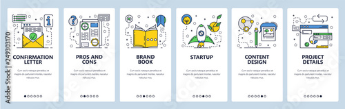 Web site onboarding screens. New project launch, pros and cons. Menu vector banner template for website and mobile app development. Modern design flat illustration.