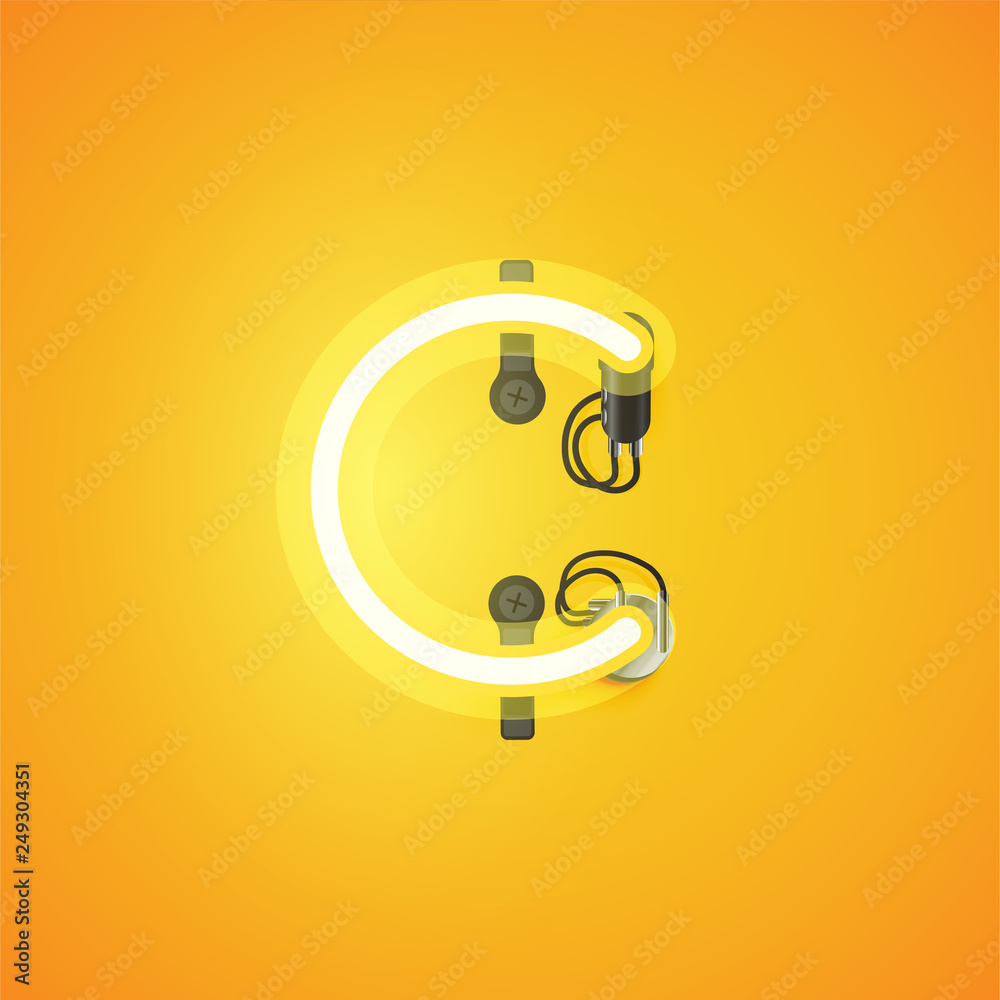 Yellow realistic neon character with wires and console from a fontset, vector illustration Yellow realistic neon character with wires and console from a fontset, vector illustration