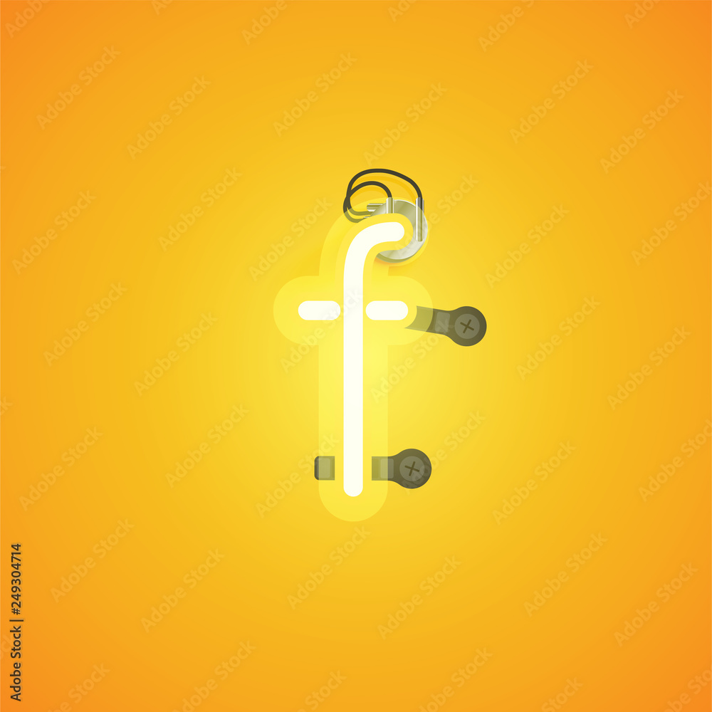Yellow realistic neon character with wires and console from a fontset, vector illustration