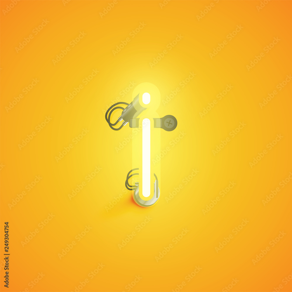 Yellow realistic neon character with wires and console from a fontset, vector illustration Yellow realistic neon character with wires and console from a fontset, vector illustration