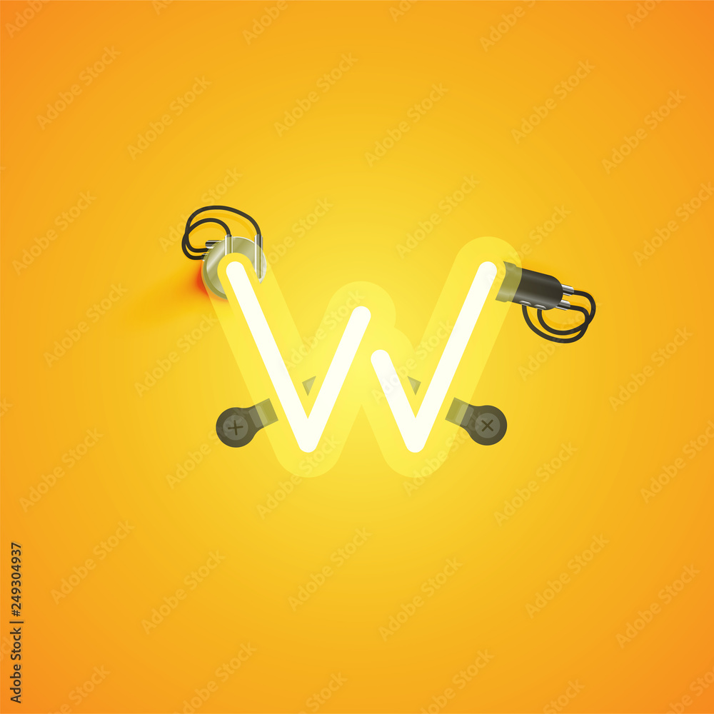 Yellow realistic neon character with wires and console from a fontset, vector illustration Yellow realistic neon character with wires and console from a fontset, vector illustration