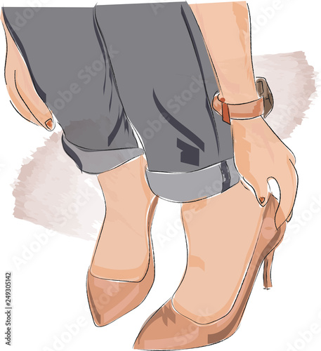 Cute hand drawn legs in pink powder court shoes. Fashion accessories. Sketch