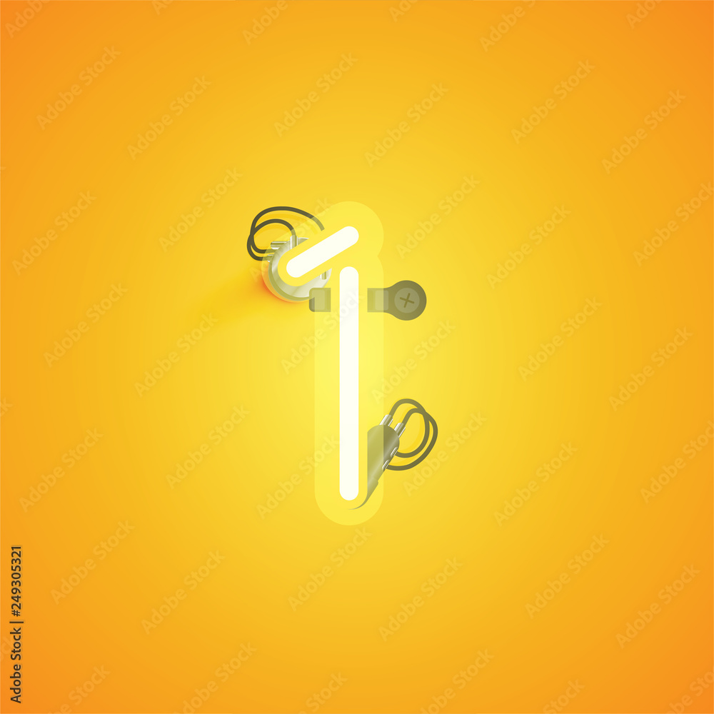 Yellow realistic neon character with wires and console from a fontset, vector illustration Yellow realistic neon character with wires and console from a fontset, vector illustration