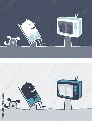 Cartoon black or white people - man watching TV