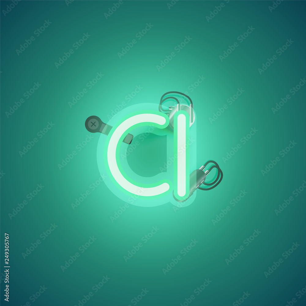 Green realistic neon character with wires and console from a fontset, vector illustration Green realistic neon character with wires and console from a fontset, vector illustration